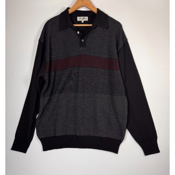 Vintage Modango Sweater Mens XL Black Gray Merino Wool Blend Long Sleeve Polo - Picture 1 of 15